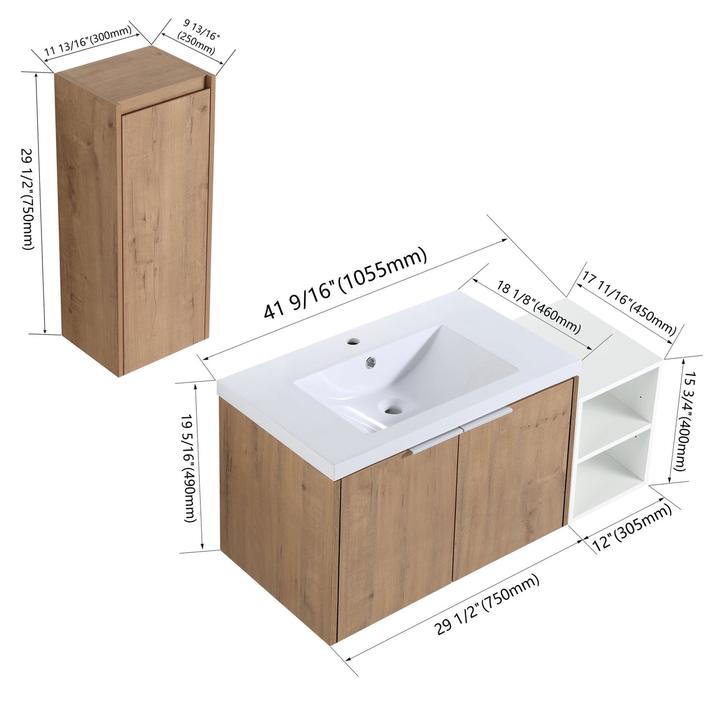 42' Wall - Mounted Bathroom Vanity With Sink and Side Cabinet, Soft Close Doors,00112IMO - 0630IMO - 0612GWH Combination Cabinet(KD - Packing) - 1st Choice Furniture Direct