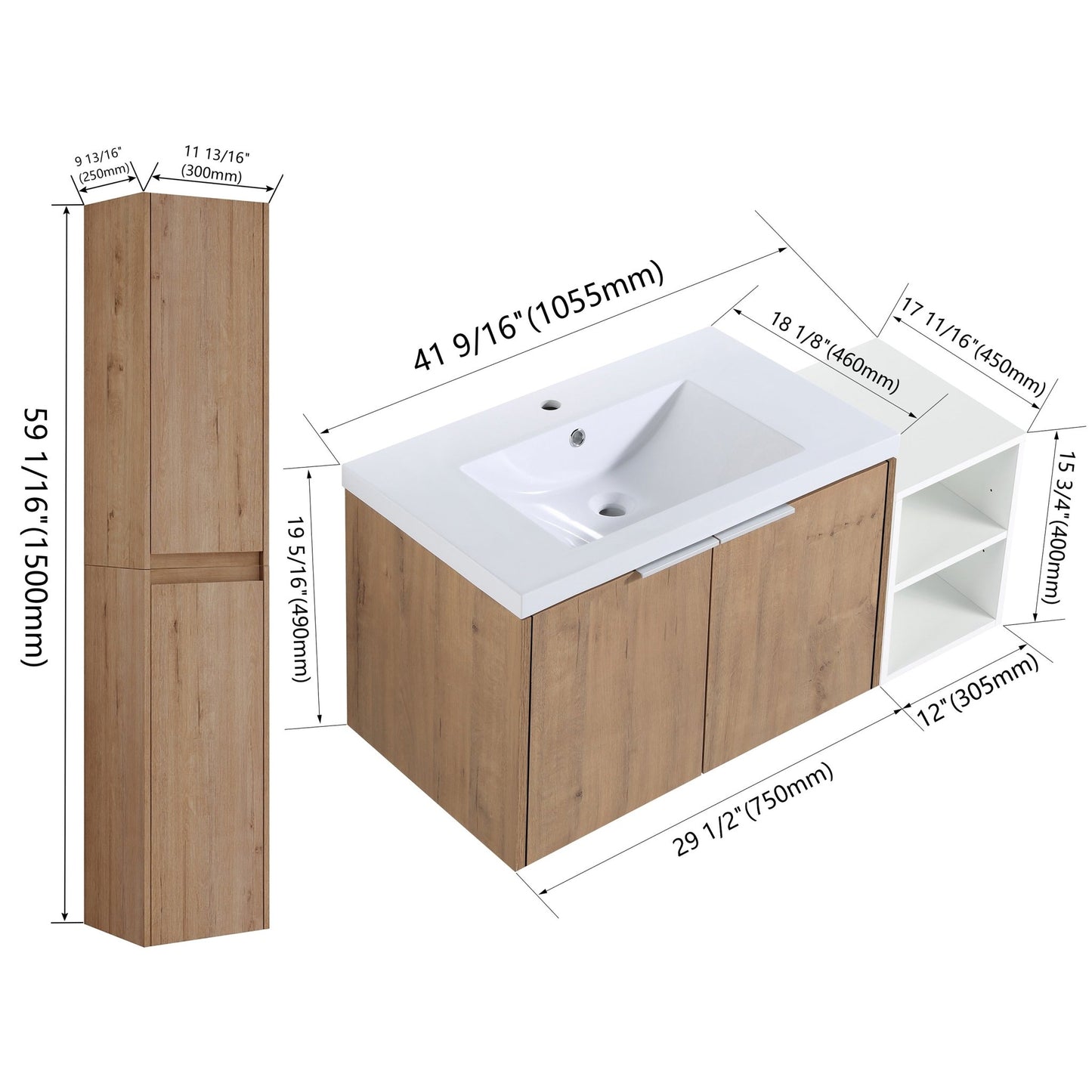42' Wall - Mounted Bathroom Vanity With Sink and Side Cabinet, Soft Close Doors,00112IMOx2 - 0630IMO - 0612GWH Combination Cabinet(KD - Packing) - 1st Choice Furniture Direct