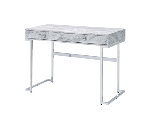 Modern Faux Marble Writing Desk with Chrome Frame and Drawers