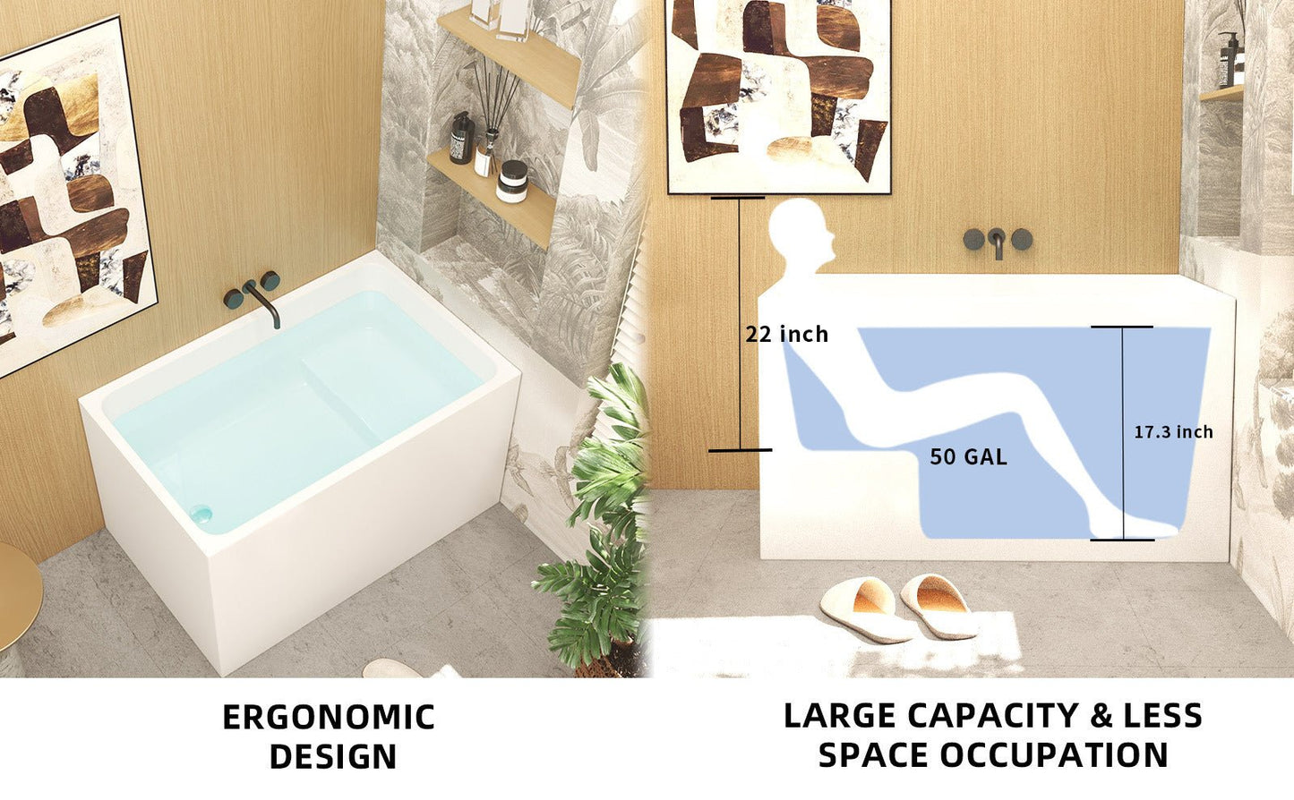 43' Acrylic Freestanding Bathtub with seat: Spacious rectangle Shape, Gloss White Finish, Chrome Overflow & Pop - Up Drain - 1st Choice Furniture Direct