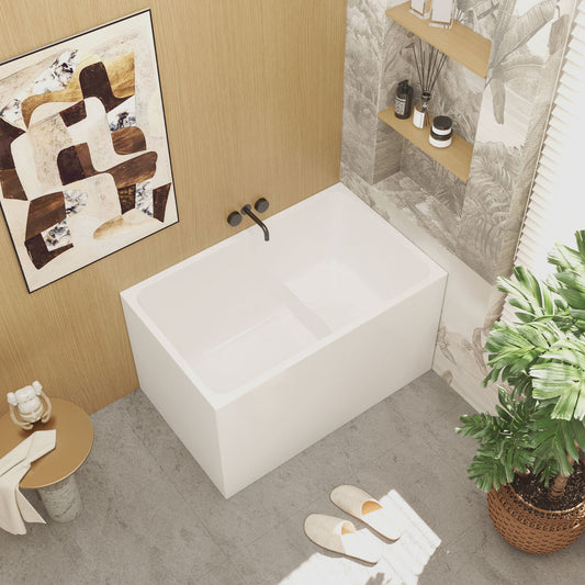 43' Acrylic Freestanding Bathtub with seat: Spacious rectangle Shape, Gloss White Finish, Chrome Overflow & Pop - Up Drain - 1st Choice Furniture Direct