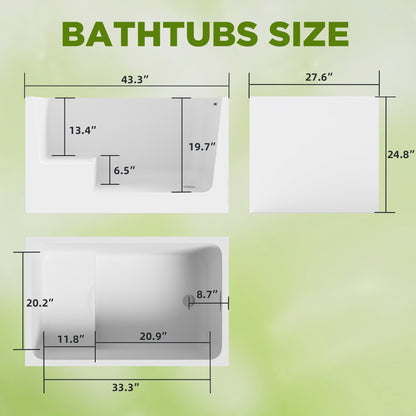 43' Acrylic Freestanding Bathtub with seat: Spacious rectangle Shape, Gloss White Finish, Chrome Overflow & Pop - Up Drain - 1st Choice Furniture Direct