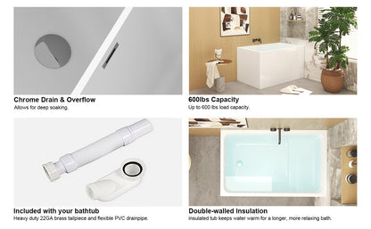 43' Acrylic Freestanding Bathtub with seat: Spacious rectangle Shape, Gloss White Finish, Chrome Overflow & Pop - Up Drain - 1st Choice Furniture Direct