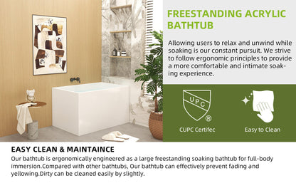 43' Acrylic Freestanding Bathtub with seat: Spacious rectangle Shape, Gloss White Finish, Chrome Overflow & Pop - Up Drain - 1st Choice Furniture Direct