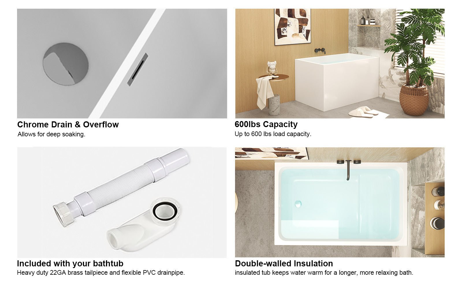 43' Acrylic Freestanding Bathtub with seat: Spacious rectangle Shape, Gloss White Finish, Chrome Overflow & Pop - Up Drain - 1st Choice Furniture Direct