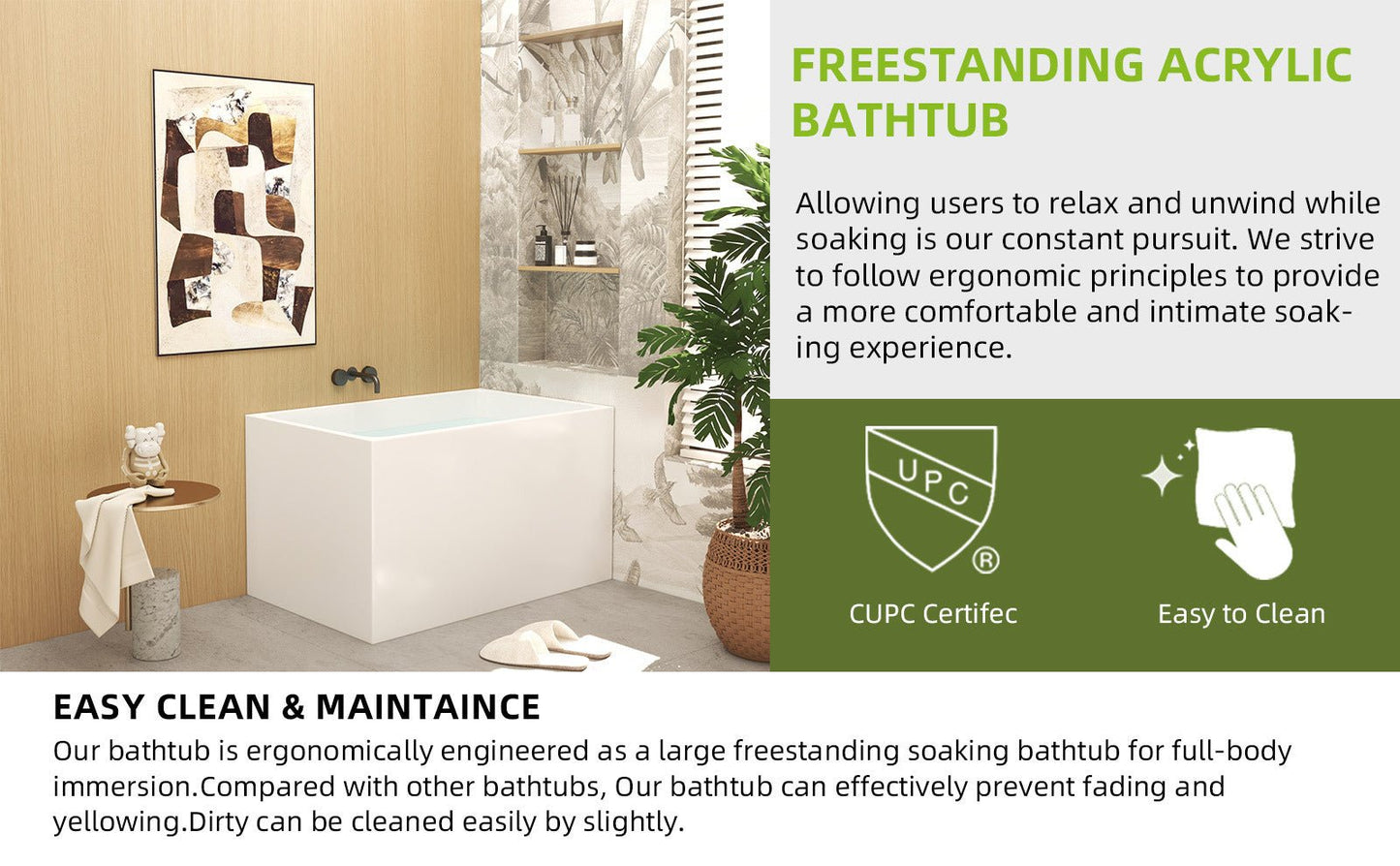 43' Gloss White Acrylic Freestanding Bathtub with Chrome Drain, Rectangular Shape, UV5 Anti - Yellowing Acrylic, CUPC Certified - 1st Choice Furniture Direct