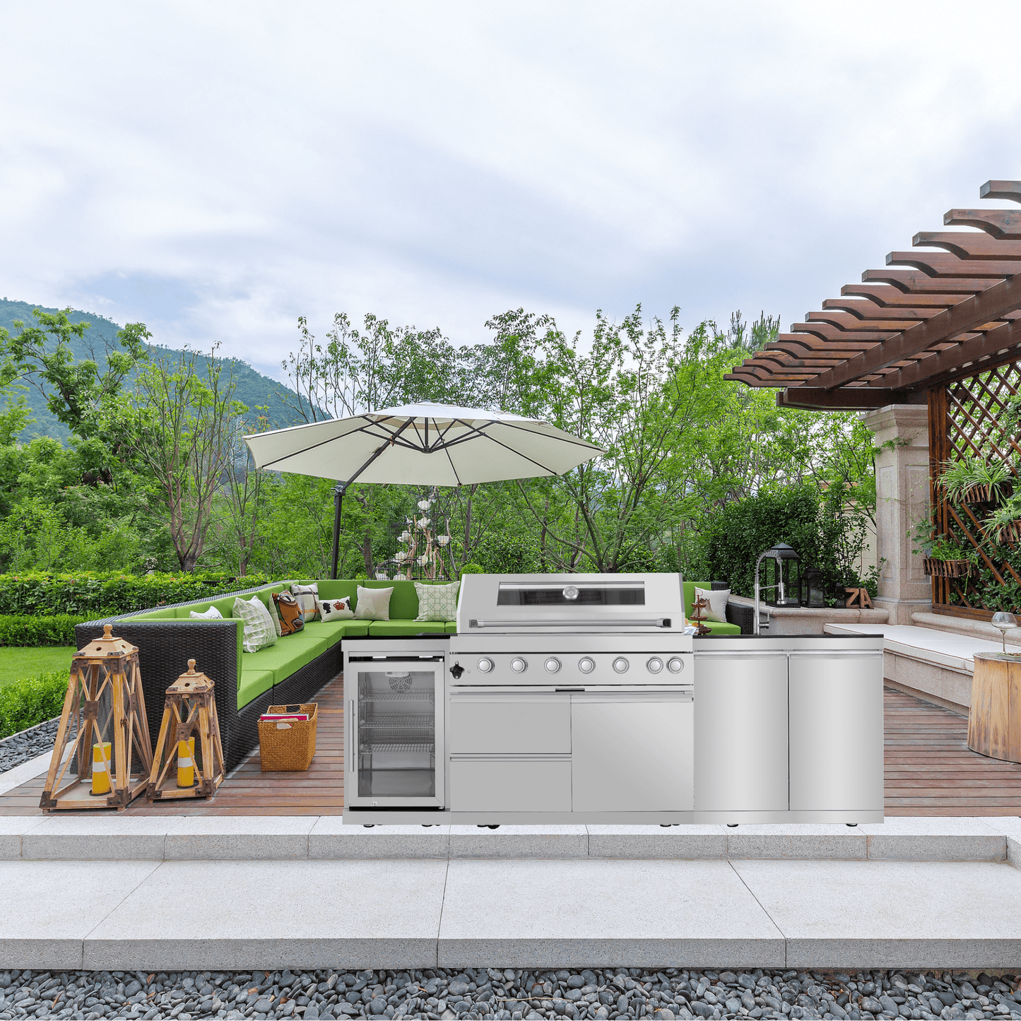 43 - Inch 6 - Burner 85000 BTU Deluxe Stainless Steel Gas Outdoor Kitchen Bar Barbecue Island Grill + Wine Cooler Compact Refrigerator + Rotisserie + Granite Countertops + Storage Cabinets & Drawers - 1st Choice Furniture Direct