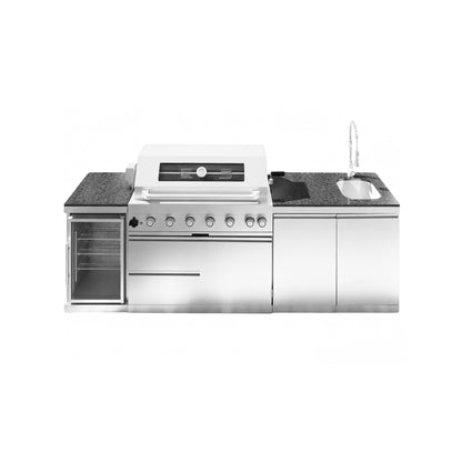 43 - Inch 6 - Burner 85000 BTU Deluxe Stainless Steel Gas Outdoor Kitchen Bar Barbecue Island Grill + Wine Cooler Compact Refrigerator + Rotisserie + Granite Countertops + Storage Cabinets & Drawers - 1st Choice Furniture Direct
