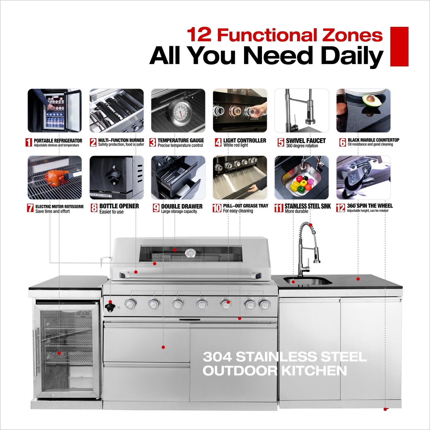 43 - Inch 6 - Burner 85000 BTU Deluxe Stainless Steel Gas Outdoor Kitchen Bar Barbecue Island Grill + Wine Cooler Compact Refrigerator + Rotisserie + Granite Countertops + Storage Cabinets & Drawers - 1st Choice Furniture Direct