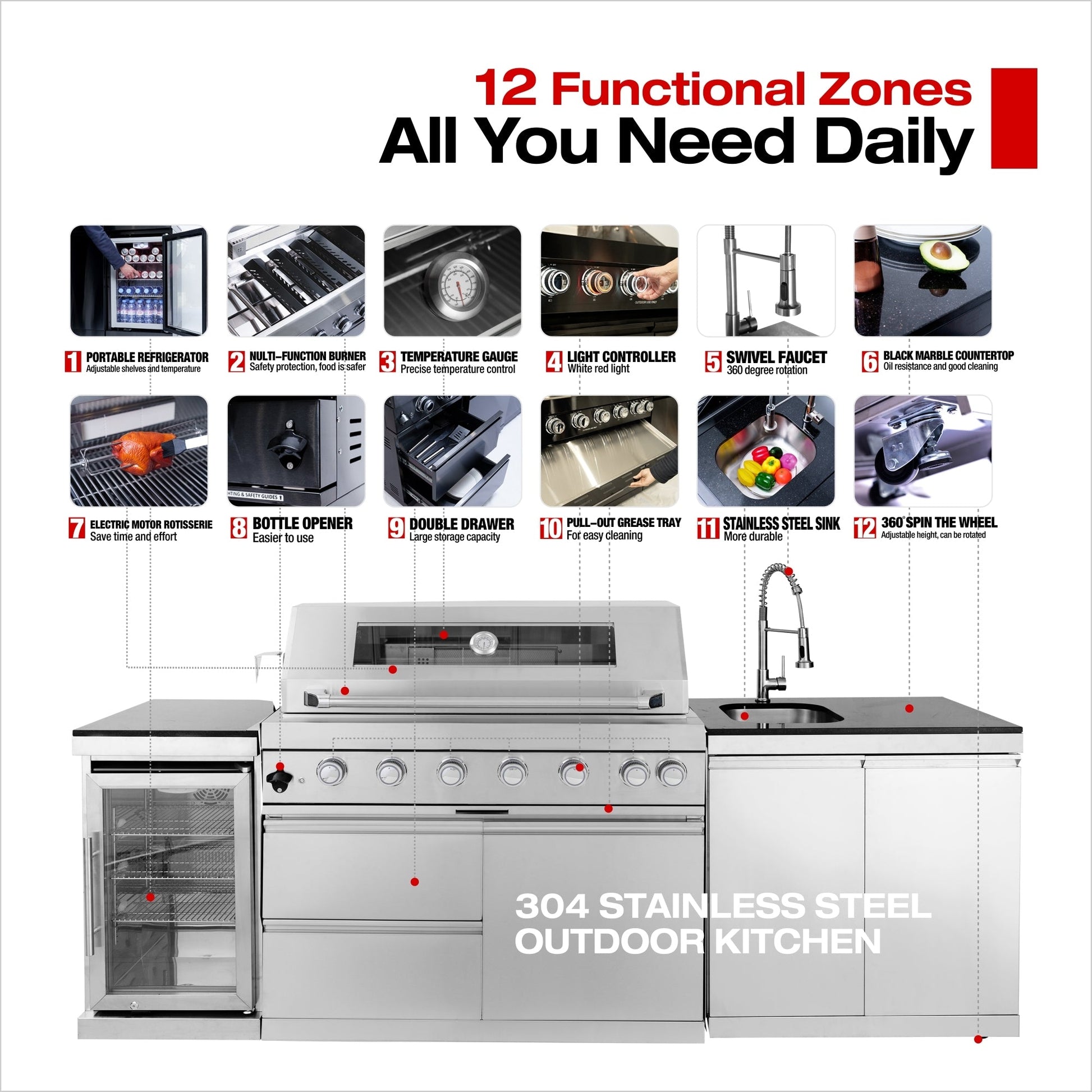 43 - Inch 6 - Burner 85000 BTU Deluxe Stainless Steel Gas Outdoor Kitchen Bar Barbecue Island Grill + Wine Cooler Compact Refrigerator + Rotisserie + Granite Countertops + Storage Cabinets & Drawers - 1st Choice Furniture Direct
