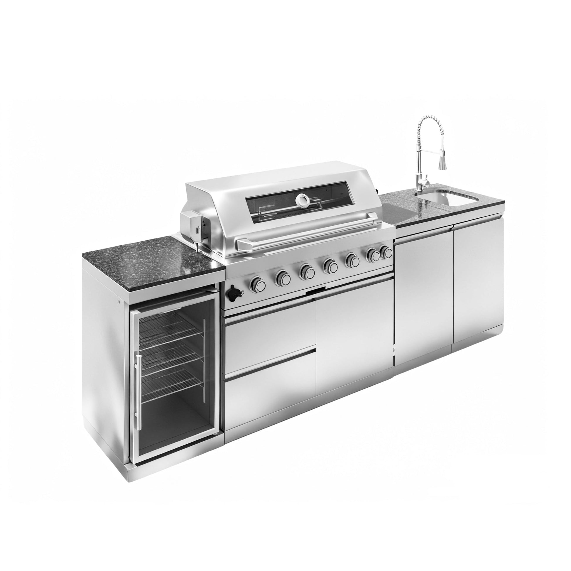 43 - Inch 6 - Burner 85000 BTU Deluxe Stainless Steel Gas Outdoor Kitchen Bar Barbecue Island Grill + Wine Cooler Compact Refrigerator + Rotisserie + Granite Countertops + Storage Cabinets & Drawers - 1st Choice Furniture Direct