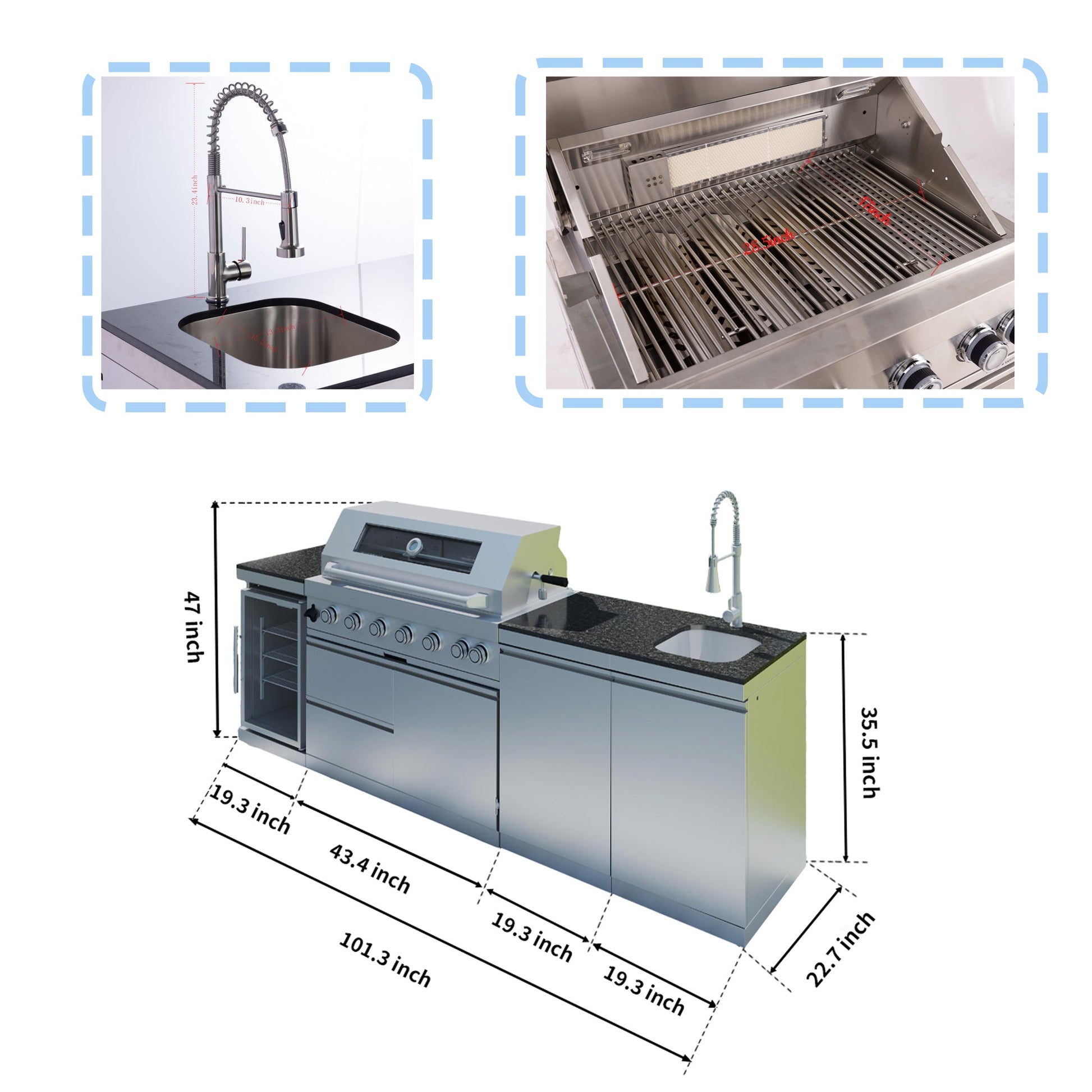 43 - Inch 6 - Burner 85000 BTU Deluxe Stainless Steel Gas Outdoor Kitchen Bar Barbecue Island Grill + Wine Cooler Compact Refrigerator + Rotisserie + Granite Countertops + Storage Cabinets & Drawers - 1st Choice Furniture Direct