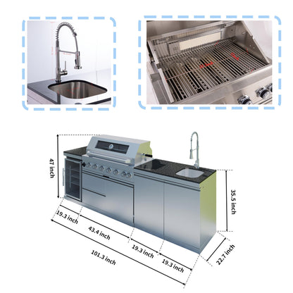 43 - Inch 6 - Burner 85000 BTU Deluxe Stainless Steel Gas Outdoor Kitchen Bar Barbecue Island Grill + Wine Cooler Compact Refrigerator + Rotisserie + Granite Countertops + Storage Cabinets & Drawers - 1st Choice Furniture Direct