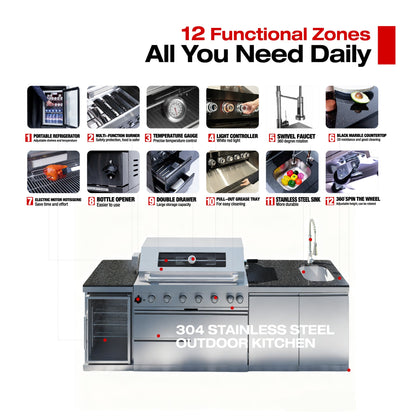 43 - Inch 6 - Burner 85000 BTU Deluxe Stainless Steel Gas Outdoor Kitchen Bar Barbecue Island Grill + Wine Cooler Compact Refrigerator + Rotisserie + Granite Countertops + Storage Cabinets & Drawers - 1st Choice Furniture Direct