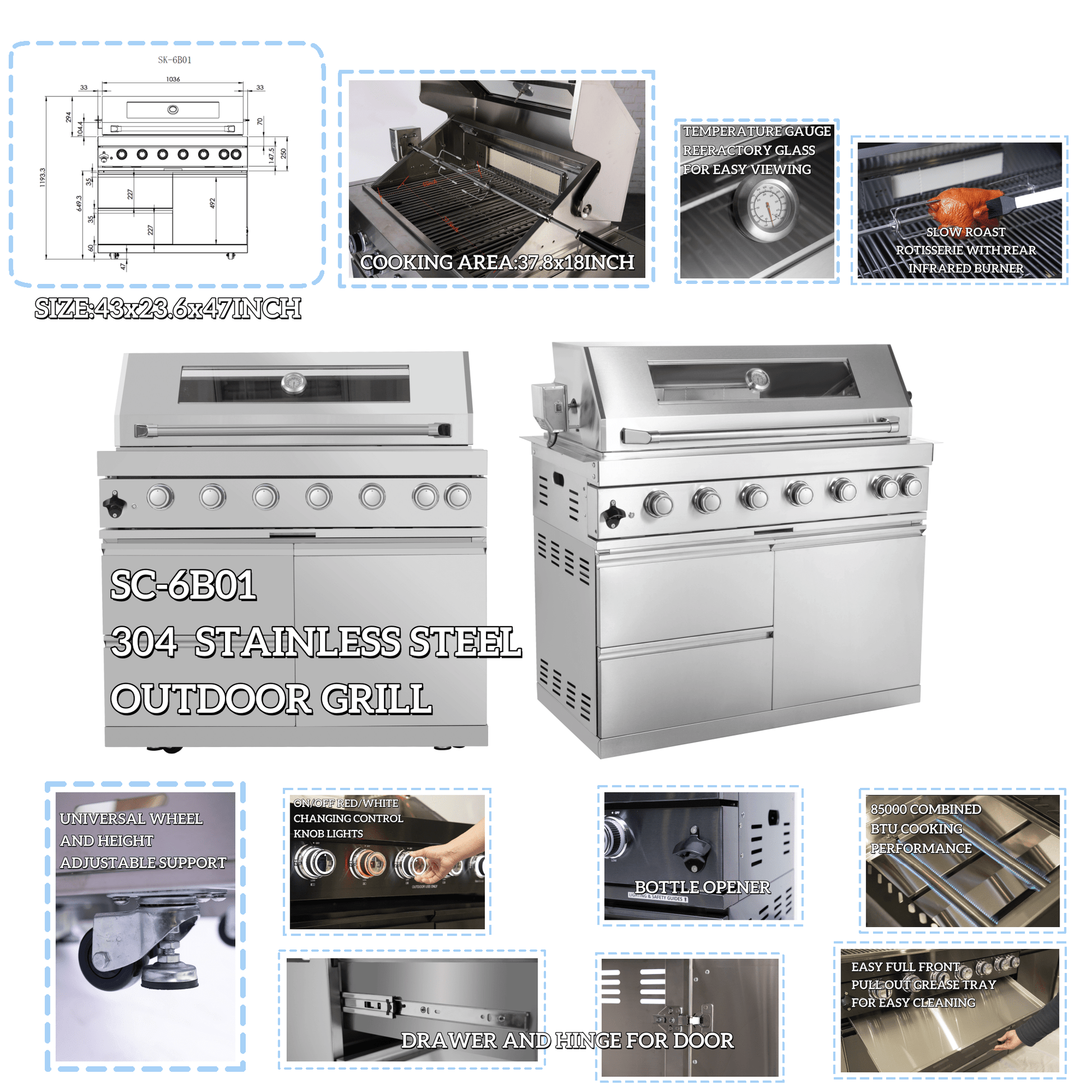 43 - Inch 6 - Burner 85000 BTU Deluxe Stainless Steel Gas Outdoor Kitchen Bar Barbecue Island Grill + Wine Cooler Compact Refrigerator + Rotisserie + Granite Countertops + Storage Cabinets & Drawers - 1st Choice Furniture Direct