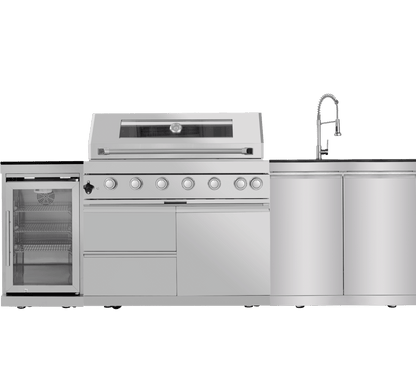 43 - Inch 6 - Burner 85000 BTU Deluxe Stainless Steel Gas Outdoor Kitchen Bar Barbecue Island Grill + Wine Cooler Compact Refrigerator + Rotisserie + Granite Countertops + Storage Cabinets & Drawers - 1st Choice Furniture Direct