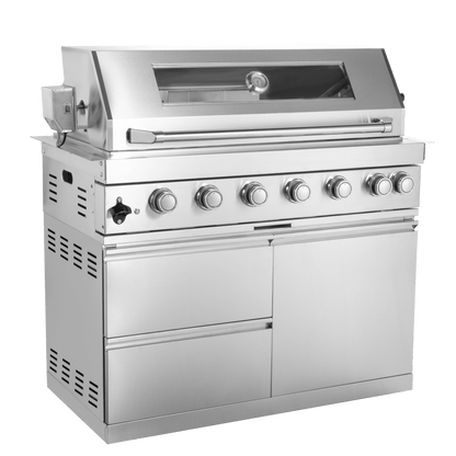43 - Inch 6 - Burner 85000 BTU Deluxe Stainless Steel Gas Outdoor Kitchen Bar Barbecue Island Grill + Wine Cooler Compact Refrigerator + Rotisserie + Granite Countertops + Storage Cabinets & Drawers - 1st Choice Furniture Direct