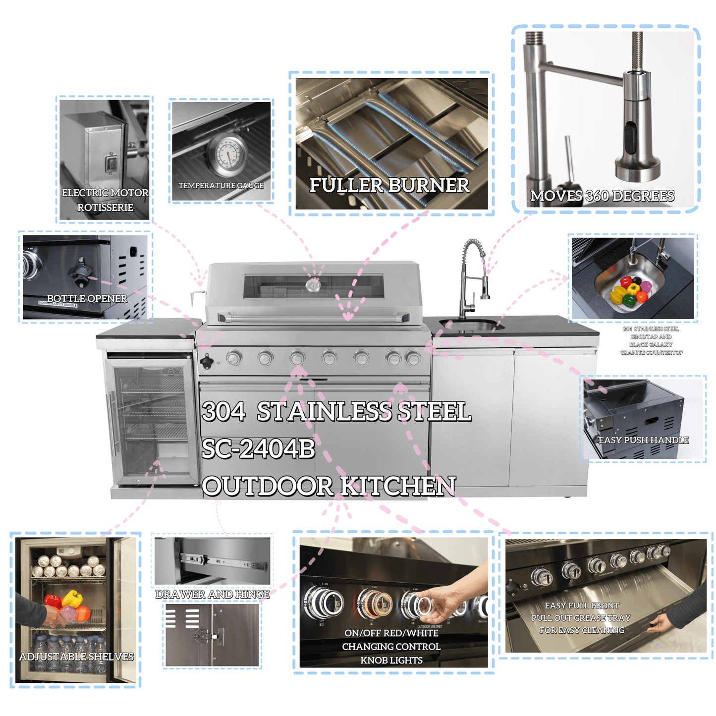 43 - Inch 6 - Burner 85000 BTU Deluxe Stainless Steel Gas Outdoor Kitchen Bar Barbecue Island Grill + Wine Cooler Compact Refrigerator + Rotisserie + Granite Countertops + Storage Cabinets & Drawers - 1st Choice Furniture Direct