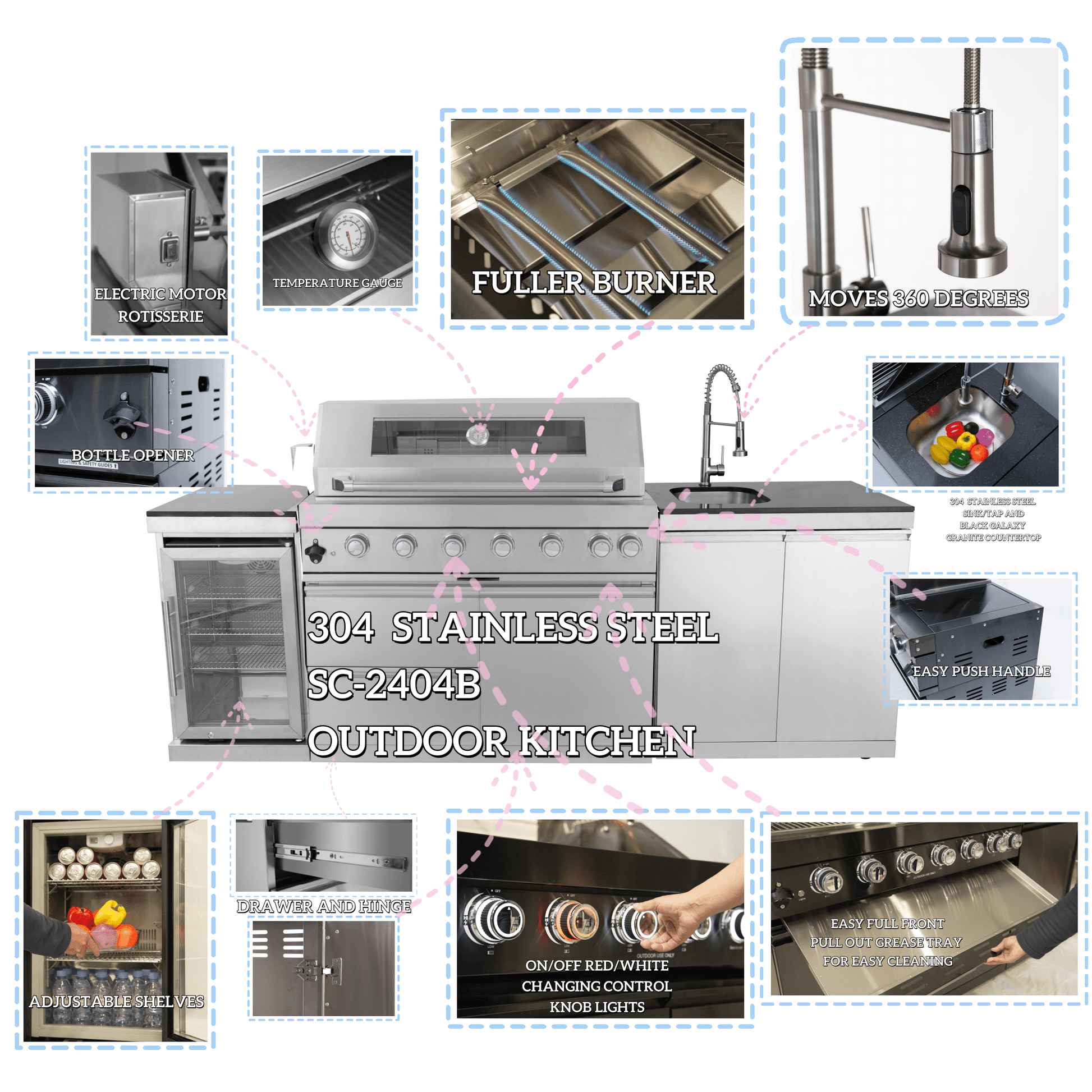 43 - Inch 6 - Burner 85000 BTU Deluxe Stainless Steel Gas Outdoor Kitchen Bar Barbecue Island Grill + Wine Cooler Compact Refrigerator + Rotisserie + Granite Countertops + Storage Cabinets & Drawers - 1st Choice Furniture Direct