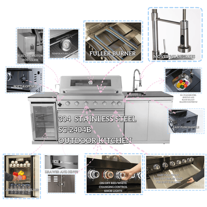 43 - Inch 6 - Burner 85000 BTU Deluxe Stainless Steel Gas Outdoor Kitchen Bar Barbecue Island Grill + Wine Cooler Compact Refrigerator + Rotisserie + Granite Countertops + Storage Cabinets & Drawers - 1st Choice Furniture Direct