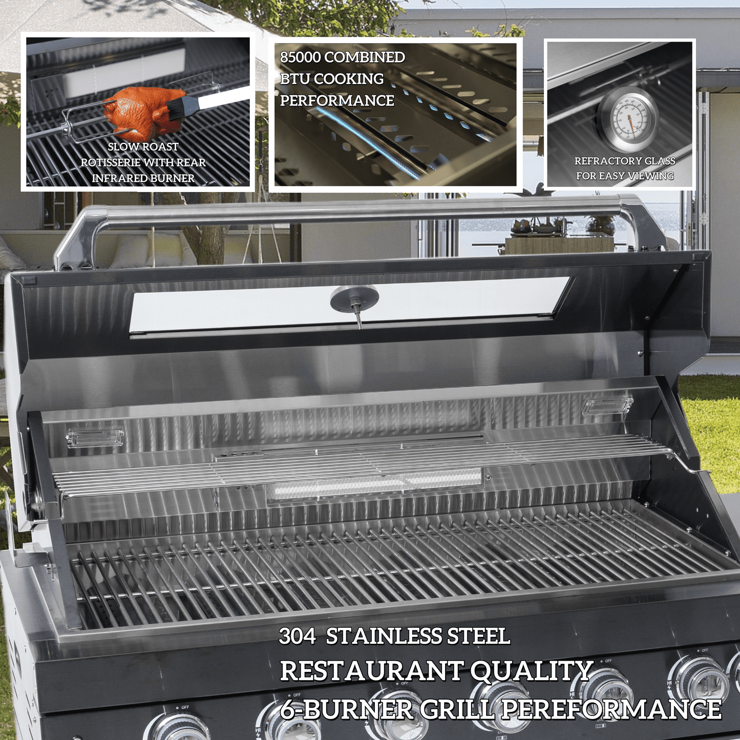 43 - Inch 6 - Burner 85000 BTU Deluxe Stainless Steel Gas Outdoor Kitchen Bar Barbecue Island Grill + Wine Cooler Compact Refrigerator + Rotisserie + Granite Countertops + Storage Cabinets & Drawers - 1st Choice Furniture Direct
