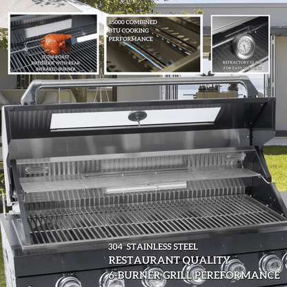 43 - Inch 6 - Burner 85000 BTU Deluxe Stainless Steel Gas Outdoor Kitchen Bar Barbecue Island Grill + Wine Cooler Compact Refrigerator + Rotisserie + Granite Countertops + Storage Cabinets & Drawers - 1st Choice Furniture Direct
