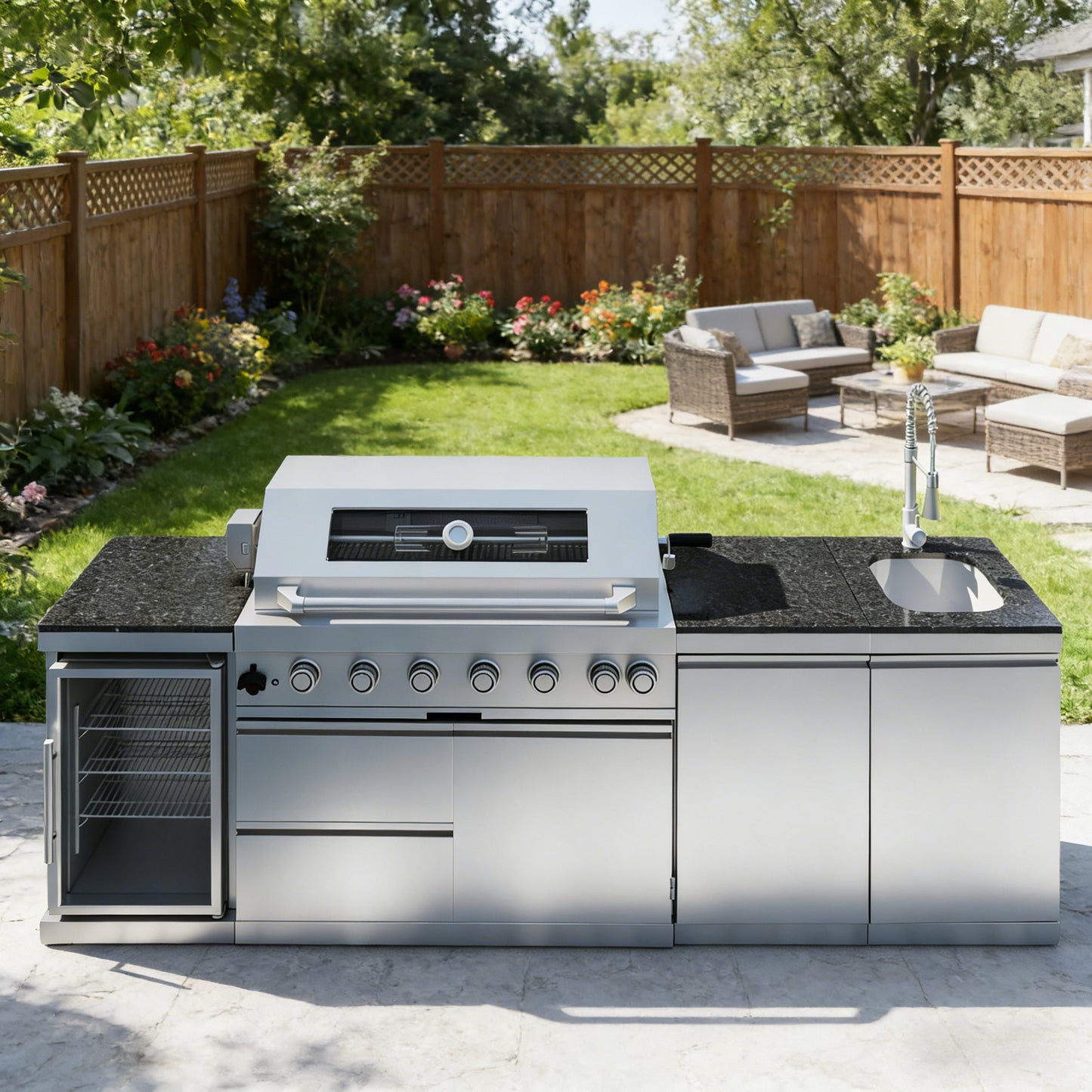 43 - Inch 6 - Burner 85000 BTU Deluxe Stainless Steel Gas Outdoor Kitchen Bar Barbecue Island Grill + Wine Cooler Compact Refrigerator + Rotisserie + Granite Countertops + Storage Cabinets & Drawers - 1st Choice Furniture Direct
