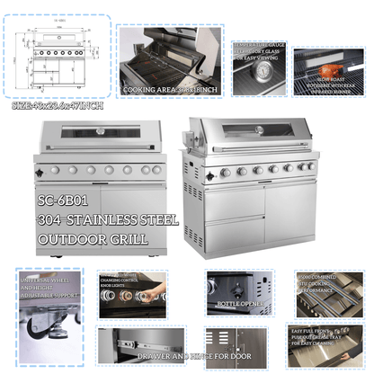 43 - Inch 6 - Burner 85000 BTU Deluxe Stainless Steel Gas Outdoor Kitchen Bar Barbecue Island Grill + Wine Cooler Compact Refrigerator + Rotisserie + Granite Countertops + Storage Cabinets & Drawers - 1st Choice Furniture Direct