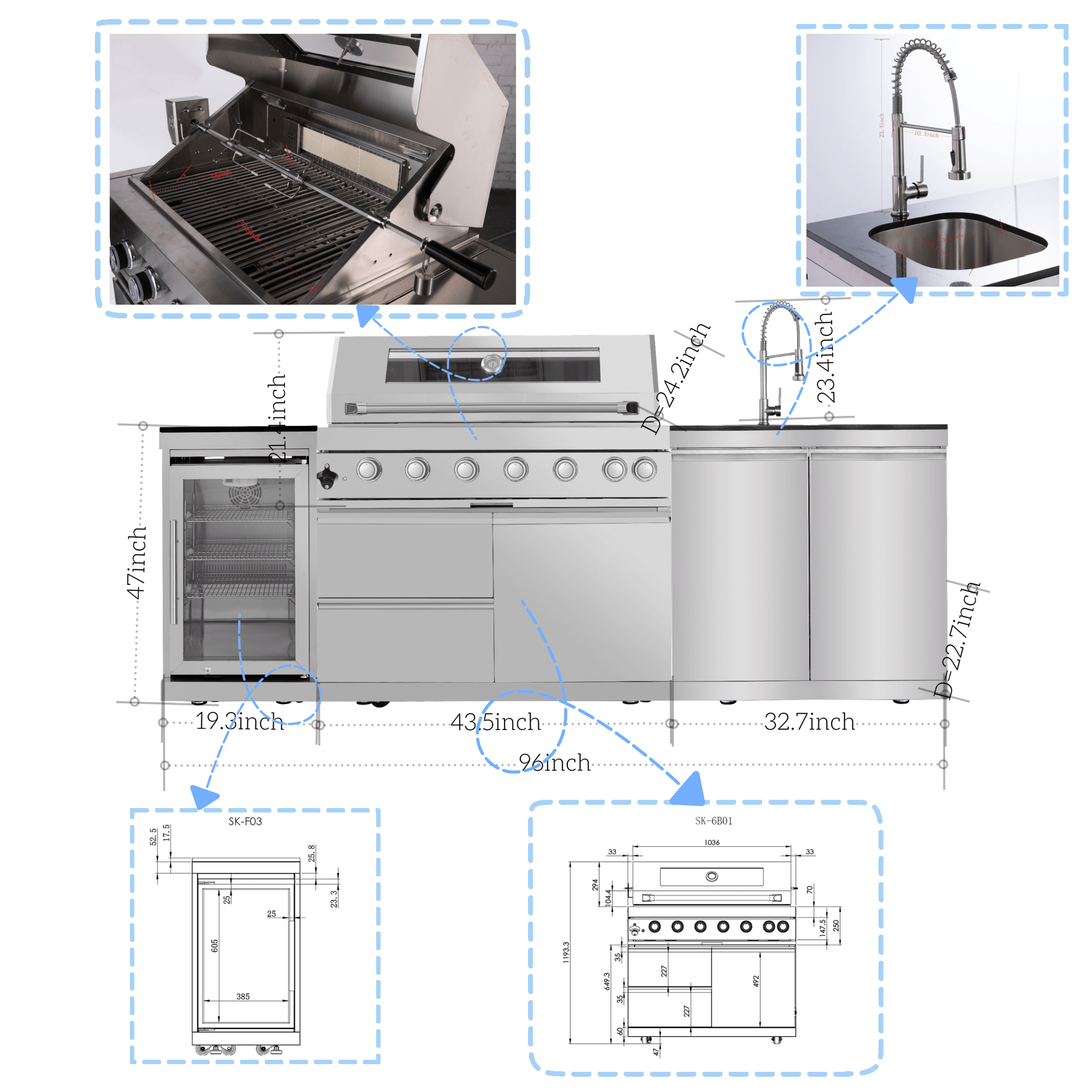 43 - Inch 6 - Burner 85000 BTU Deluxe Stainless Steel Gas Outdoor Kitchen Bar Barbecue Island Grill + Wine Cooler Compact Refrigerator + Rotisserie + Granite Countertops + Storage Cabinets & Drawers - 1st Choice Furniture Direct