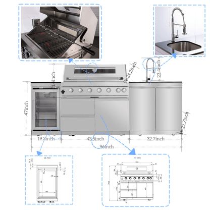 43 - Inch 6 - Burner 85000 BTU Deluxe Stainless Steel Gas Outdoor Kitchen Bar Barbecue Island Grill + Wine Cooler Compact Refrigerator + Rotisserie + Granite Countertops + Storage Cabinets & Drawers - 1st Choice Furniture Direct