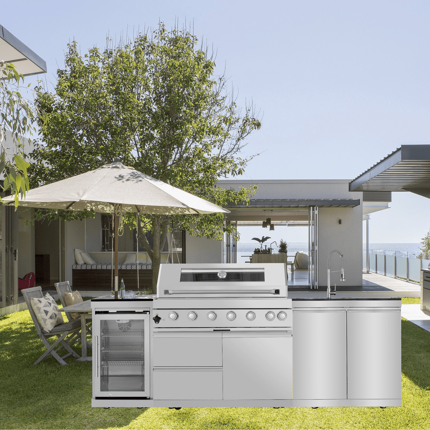 43 - Inch 6 - Burner 85000 BTU Deluxe Stainless Steel Gas Outdoor Kitchen Bar Barbecue Island Grill + Wine Cooler Compact Refrigerator + Rotisserie + Granite Countertops + Storage Cabinets & Drawers - 1st Choice Furniture Direct