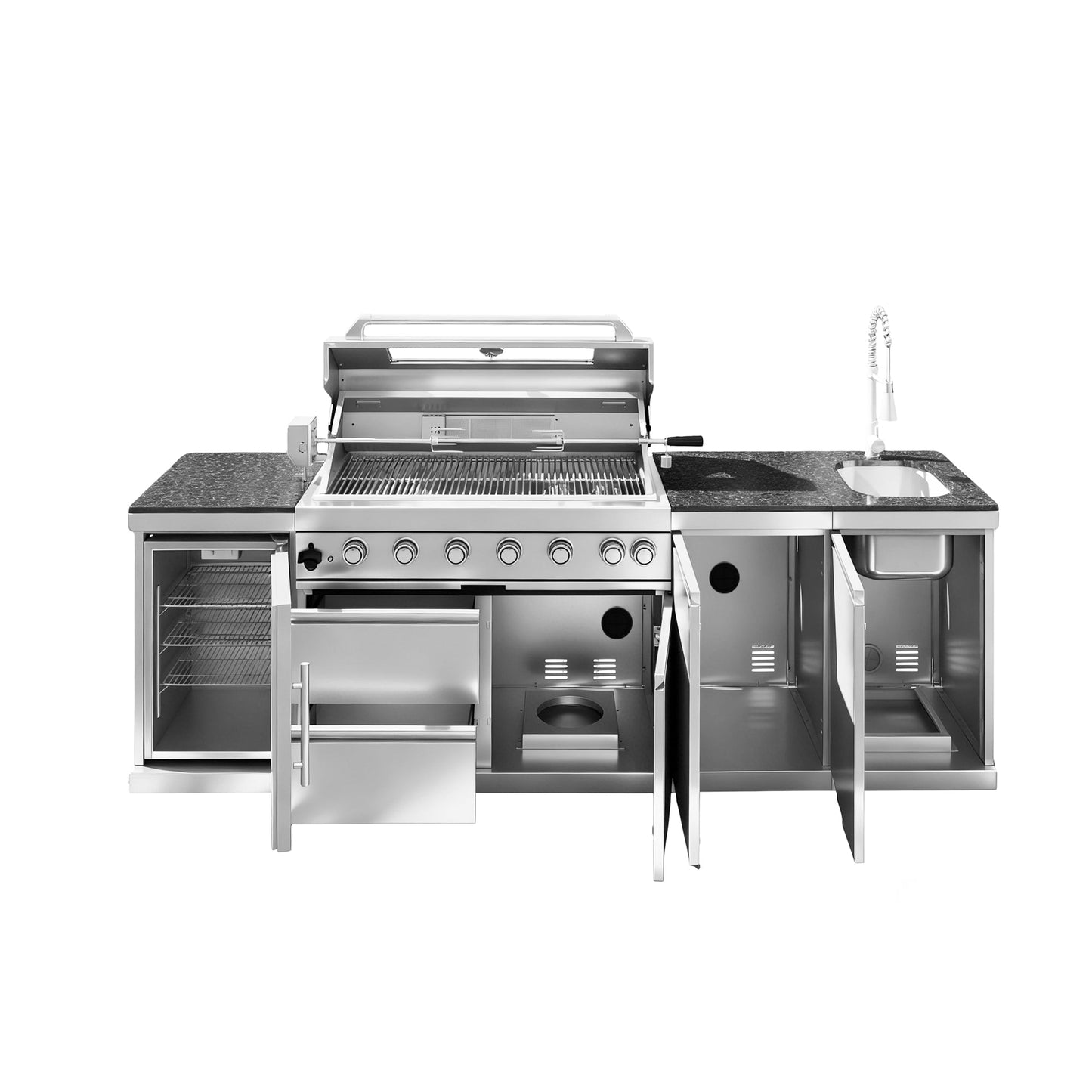 43 - Inch 6 - Burner 85000 BTU Deluxe Stainless Steel Gas Outdoor Kitchen Bar Barbecue Island Grill + Wine Cooler Compact Refrigerator + Rotisserie + Granite Countertops + Storage Cabinets & Drawers - 1st Choice Furniture Direct