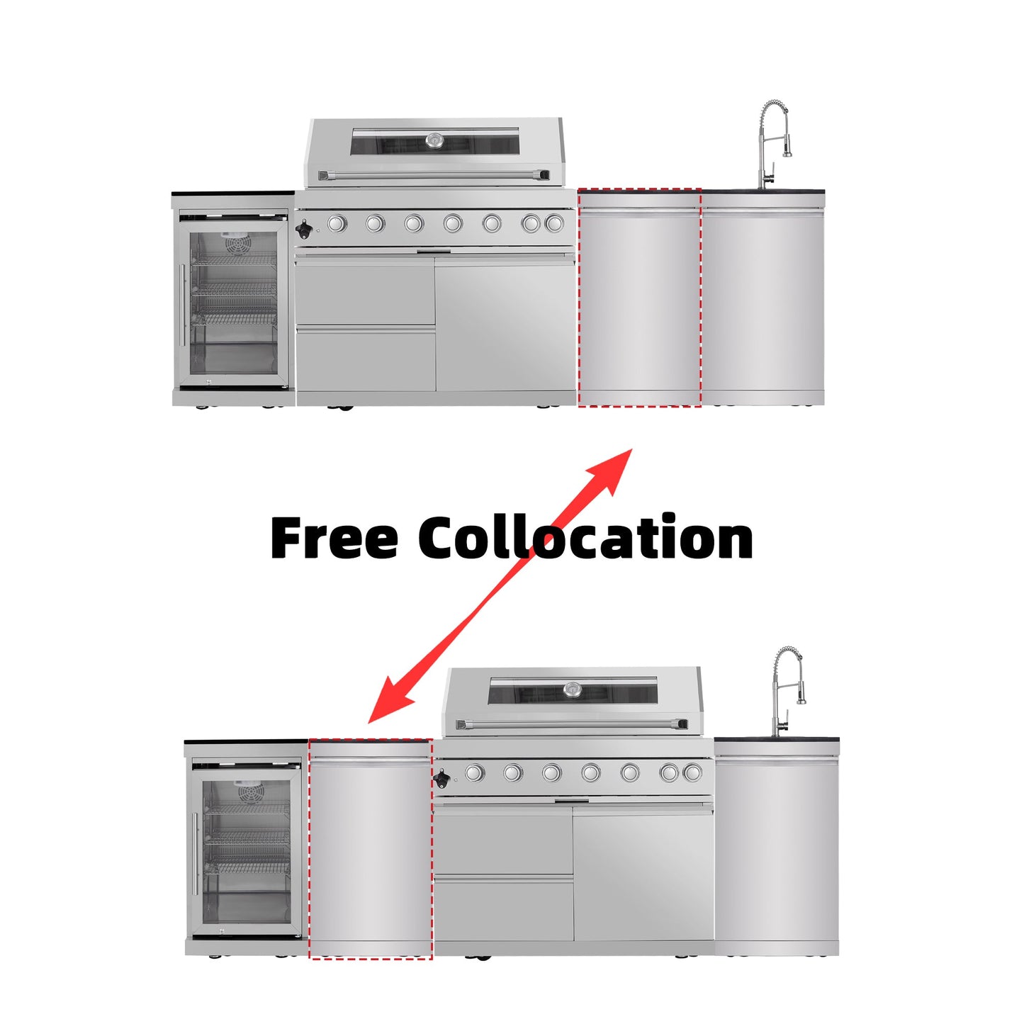 43 - Inch 6 - Burner 85000 BTU Deluxe Stainless Steel Gas Outdoor Kitchen Bar Barbecue Island Grill + Wine Cooler Compact Refrigerator + Rotisserie + Granite Countertops + Storage Cabinets & Drawers - 1st Choice Furniture Direct