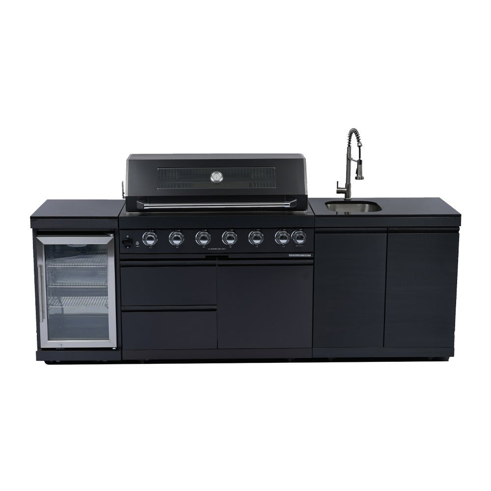 43 - Inch 6 - Burner 85000 BTU Deluxe Stainless Steel Gas Outdoor Kitchen Bar Barbecue Island Grill + Wine Cooler Compact Refrigerator + Rotisserie kit + Granite Countertops + Stainless steel Sink - 1st Choice Furniture Direct