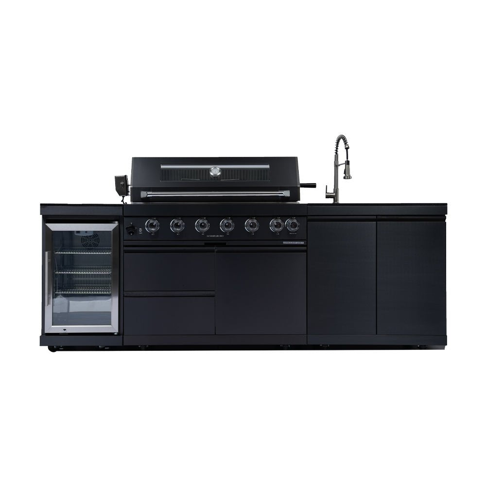 43 - Inch 6 - Burner 85000 BTU Deluxe Stainless Steel Gas Outdoor Kitchen Bar Barbecue Island Grill + Wine Cooler Compact Refrigerator + Rotisserie kit + Granite Countertops + Stainless steel Sink - 1st Choice Furniture Direct