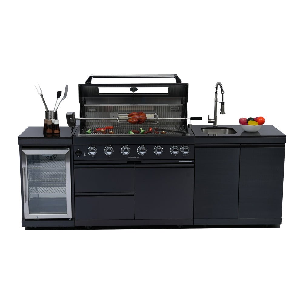 43 - Inch 6 - Burner 85000 BTU Deluxe Stainless Steel Gas Outdoor Kitchen Bar Barbecue Island Grill + Wine Cooler Compact Refrigerator + Rotisserie kit + Granite Countertops + Stainless steel Sink - 1st Choice Furniture Direct