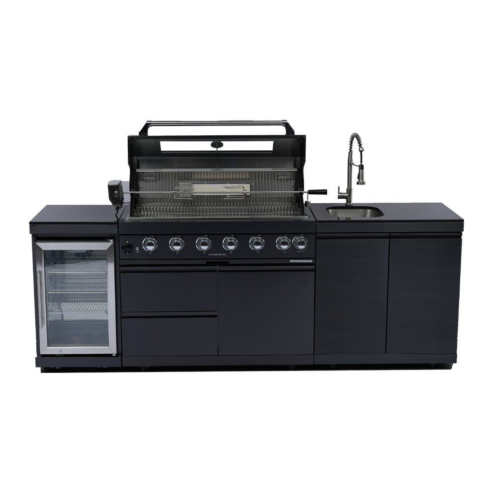 43 - Inch 6 - Burner 85000 BTU Deluxe Stainless Steel Gas Outdoor Kitchen Bar Barbecue Island Grill + Wine Cooler Compact Refrigerator + Rotisserie kit + Granite Countertops + Stainless steel Sink - 1st Choice Furniture Direct