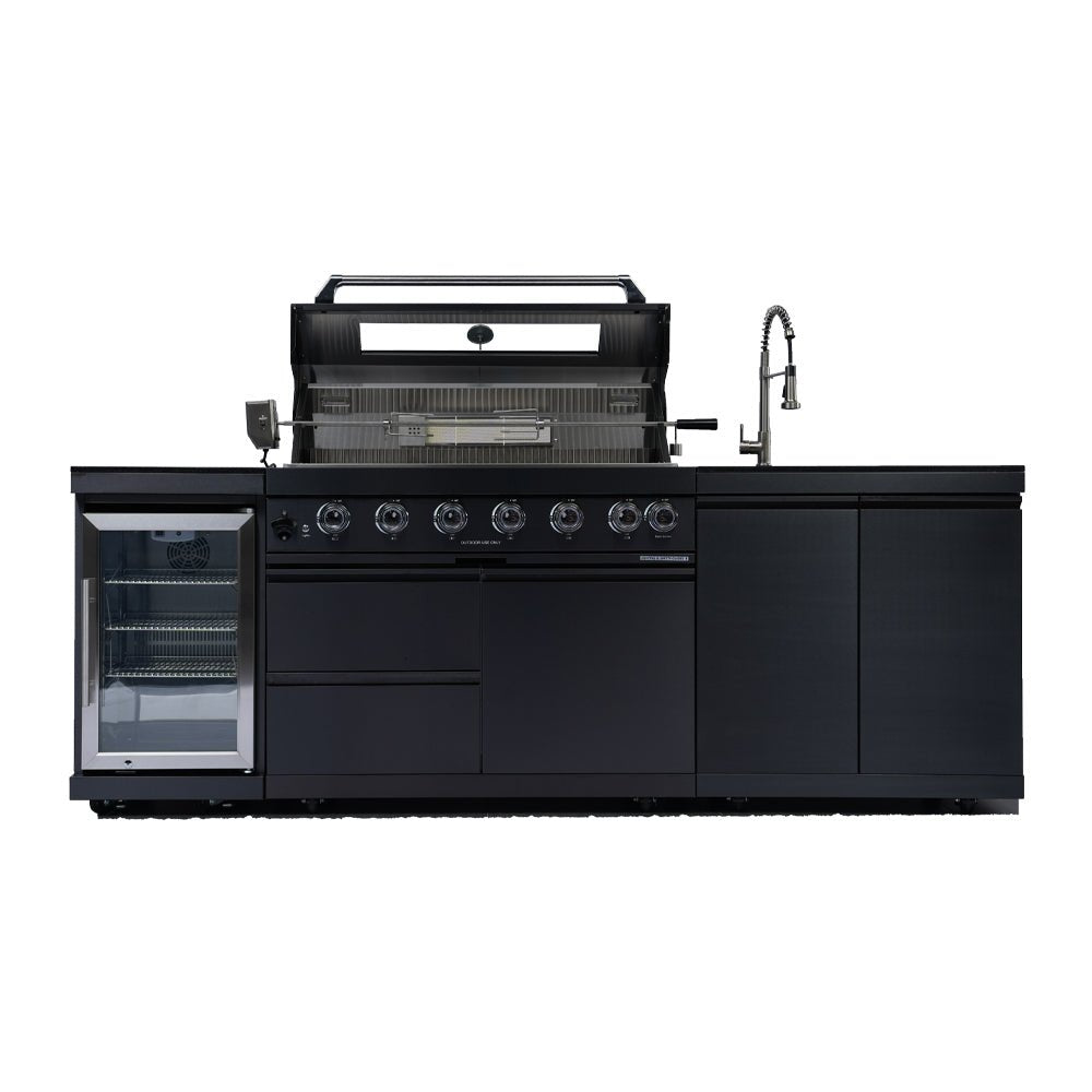 43 - Inch 6 - Burner 85000 BTU Deluxe Stainless Steel Gas Outdoor Kitchen Bar Barbecue Island Grill + Wine Cooler Compact Refrigerator + Rotisserie kit + Granite Countertops + Stainless steel Sink - 1st Choice Furniture Direct