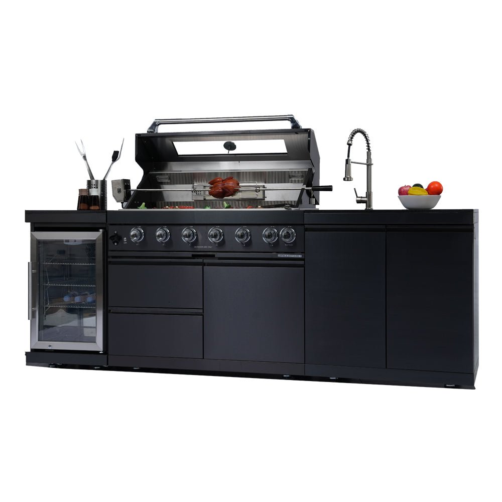 43 - Inch 6 - Burner 85000 BTU Deluxe Stainless Steel Gas Outdoor Kitchen Bar Barbecue Island Grill + Wine Cooler Compact Refrigerator + Rotisserie kit + Granite Countertops + Stainless steel Sink - 1st Choice Furniture Direct