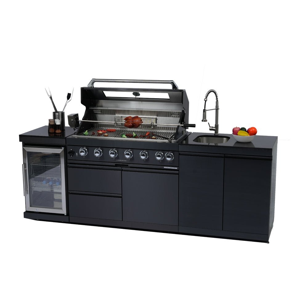 43 - Inch 6 - Burner 85000 BTU Deluxe Stainless Steel Gas Outdoor Kitchen Bar Barbecue Island Grill + Wine Cooler Compact Refrigerator + Rotisserie kit + Granite Countertops + Stainless steel Sink - 1st Choice Furniture Direct