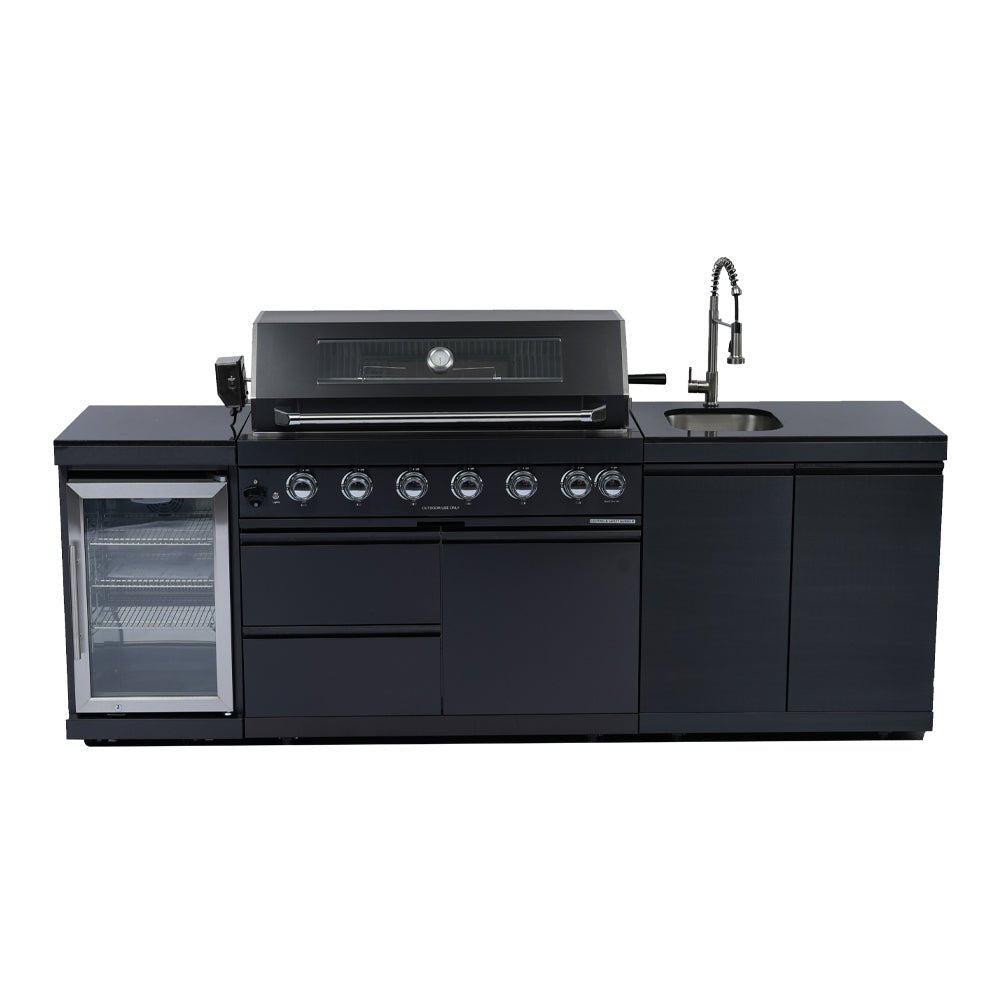 43 - Inch 6 - Burner 85000 BTU Deluxe Stainless Steel Gas Outdoor Kitchen Bar Barbecue Island Grill + Wine Cooler Compact Refrigerator + Rotisserie kit + Granite Countertops + Stainless steel Sink - 1st Choice Furniture Direct