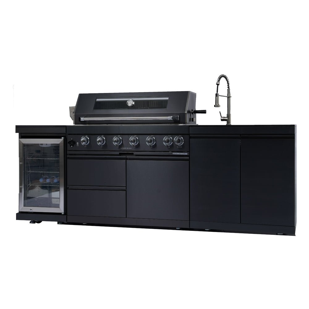43 - Inch 6 - Burner 85000 BTU Deluxe Stainless Steel Gas Outdoor Kitchen Bar Barbecue Island Grill + Wine Cooler Compact Refrigerator + Rotisserie kit + Granite Countertops + Stainless steel Sink - 1st Choice Furniture Direct