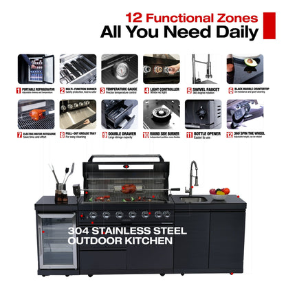 43 - Inch 6 - Burner 85000 BTU Deluxe Stainless Steel Gas Outdoor Kitchen Bar Barbecue Island Grill + Wine Cooler Compact Refrigerator + Rotisserie kit + Granite Countertops + Stainless steel Sink - 1st Choice Furniture Direct