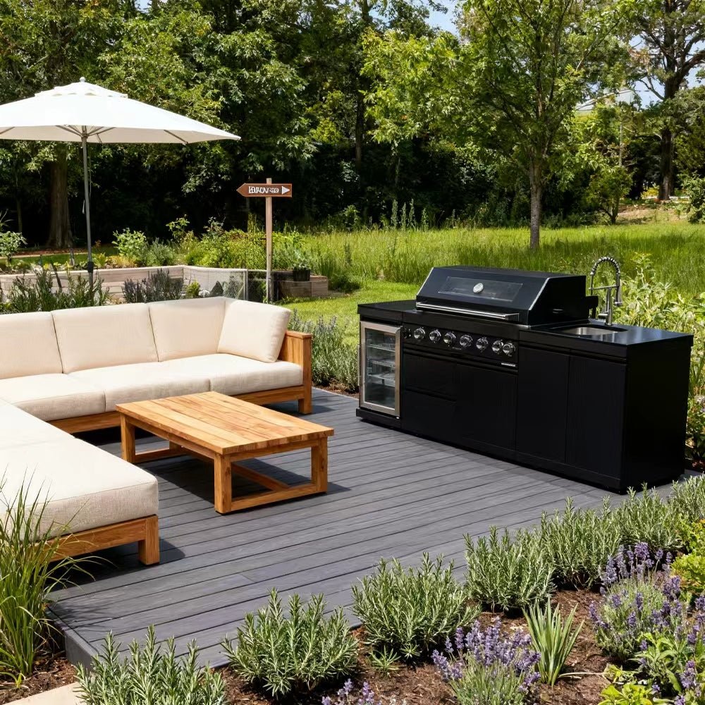 43 - Inch 6 - Burner 85000 BTU Deluxe Stainless Steel Gas Outdoor Kitchen Bar Barbecue Island Grill + Wine Cooler Compact Refrigerator + Rotisserie kit + Granite Countertops + Stainless steel Sink - 1st Choice Furniture Direct