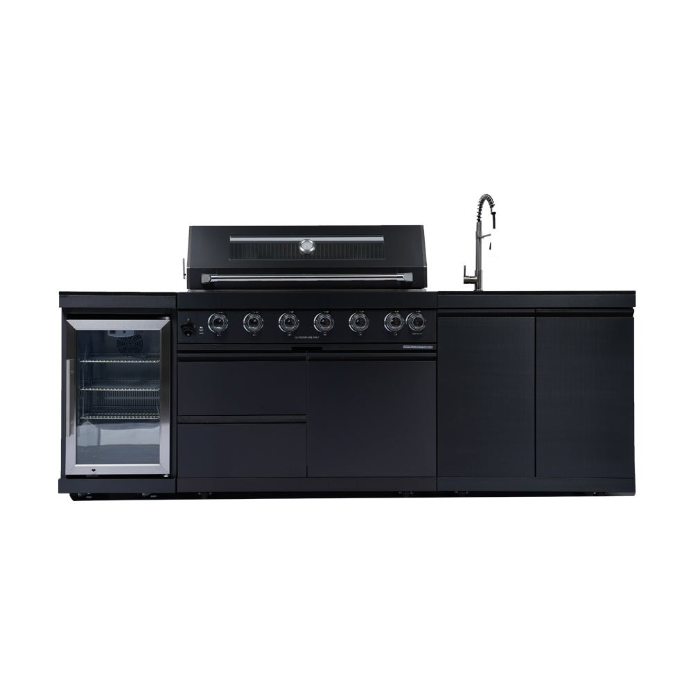 43 - Inch 6 - Burner 85000 BTU Deluxe Stainless Steel Gas Outdoor Kitchen Bar Barbecue Island Grill + Wine Cooler Compact Refrigerator + Rotisserie kit + Granite Countertops + Stainless steel Sink - 1st Choice Furniture Direct