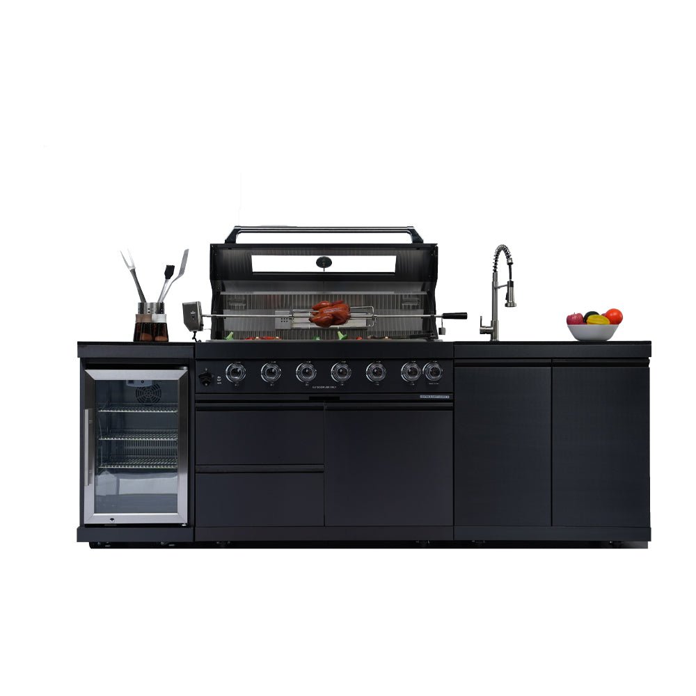 43 - Inch 6 - Burner 85000 BTU Deluxe Stainless Steel Gas Outdoor Kitchen Bar Barbecue Island Grill + Wine Cooler Compact Refrigerator + Rotisserie kit + Granite Countertops + Stainless steel Sink - 1st Choice Furniture Direct