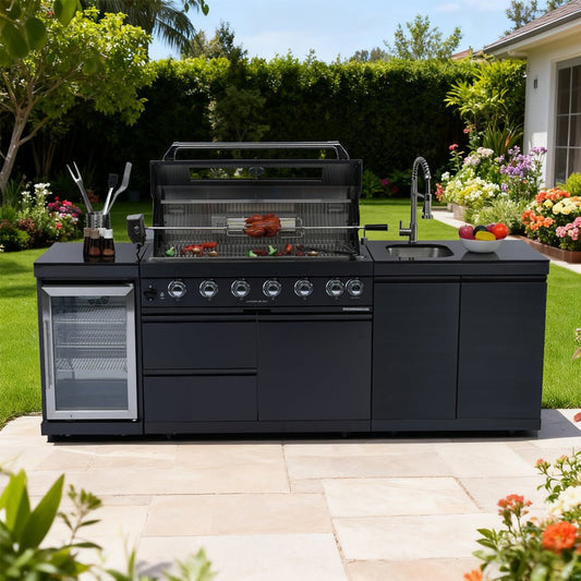 43 - Inch 6 - Burner 85000 BTU Deluxe Stainless Steel Gas Outdoor Kitchen Bar Barbecue Island Grill + Wine Cooler Compact Refrigerator + Rotisserie kit + Granite Countertops + Stainless steel Sink - 1st Choice Furniture Direct