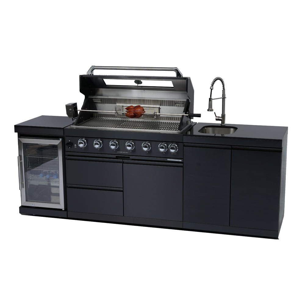 43 - Inch 6 - Burner 85000 BTU Deluxe Stainless Steel Gas Outdoor Kitchen Bar Barbecue Island Grill + Wine Cooler Compact Refrigerator + Rotisserie kit + Granite Countertops + Stainless steel Sink - 1st Choice Furniture Direct