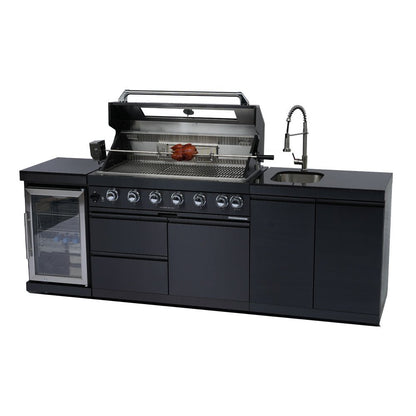 43 - Inch 6 - Burner 85000 BTU Deluxe Stainless Steel Gas Outdoor Kitchen Bar Barbecue Island Grill + Wine Cooler Compact Refrigerator + Rotisserie kit + Granite Countertops + Stainless steel Sink - 1st Choice Furniture Direct