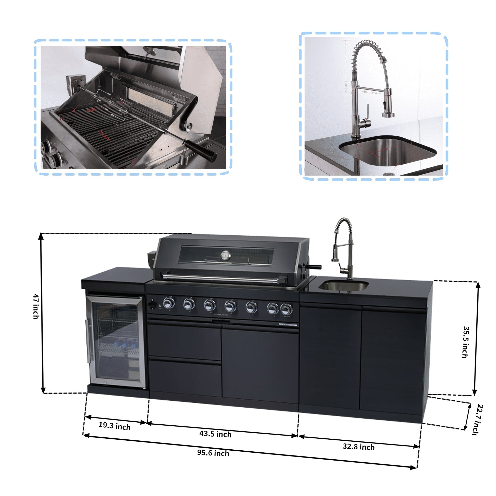 43 - Inch 6 - Burner 85000 BTU Deluxe Stainless Steel Gas Outdoor Kitchen Bar Barbecue Island Grill + Wine Cooler Compact Refrigerator + Rotisserie kit + Granite Countertops + Stainless steel Sink - 1st Choice Furniture Direct